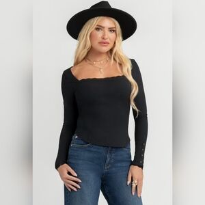 NWT Jessica Simpson Aleera Ribbed Knit Top With Lace Trim Sz L Black Long Sleeve